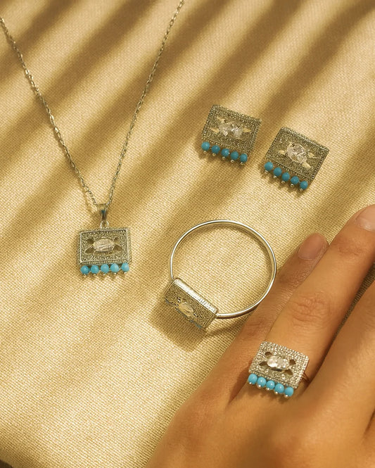 Silver Rectangle Crystal & Pearl Jewelry Set